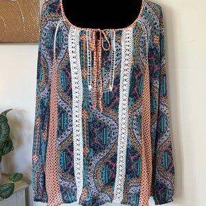 Red Camel Boho long-sleeve sheer paisley lace top size  XL